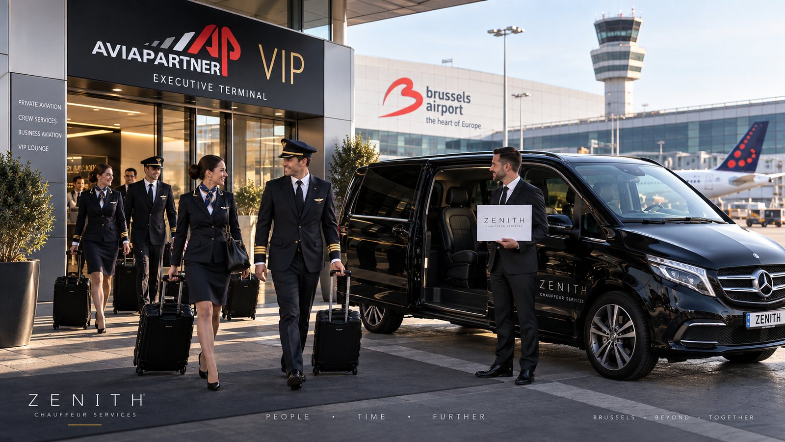 Illustration: Zenith.limo V-Class meet at Brussels Airport Aviapartner VIP Executive Terminal. Handler access is not operated by Zenith.limo.